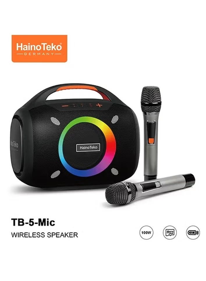 HainoTeko TB-5 Portable Wireless Bluetooth Speaker with 2 Wireless Mics, RGB Lighting, 100W Output Power, Multi-Functional Button Control for Indoor & Outdoor Use - Black - Image 2