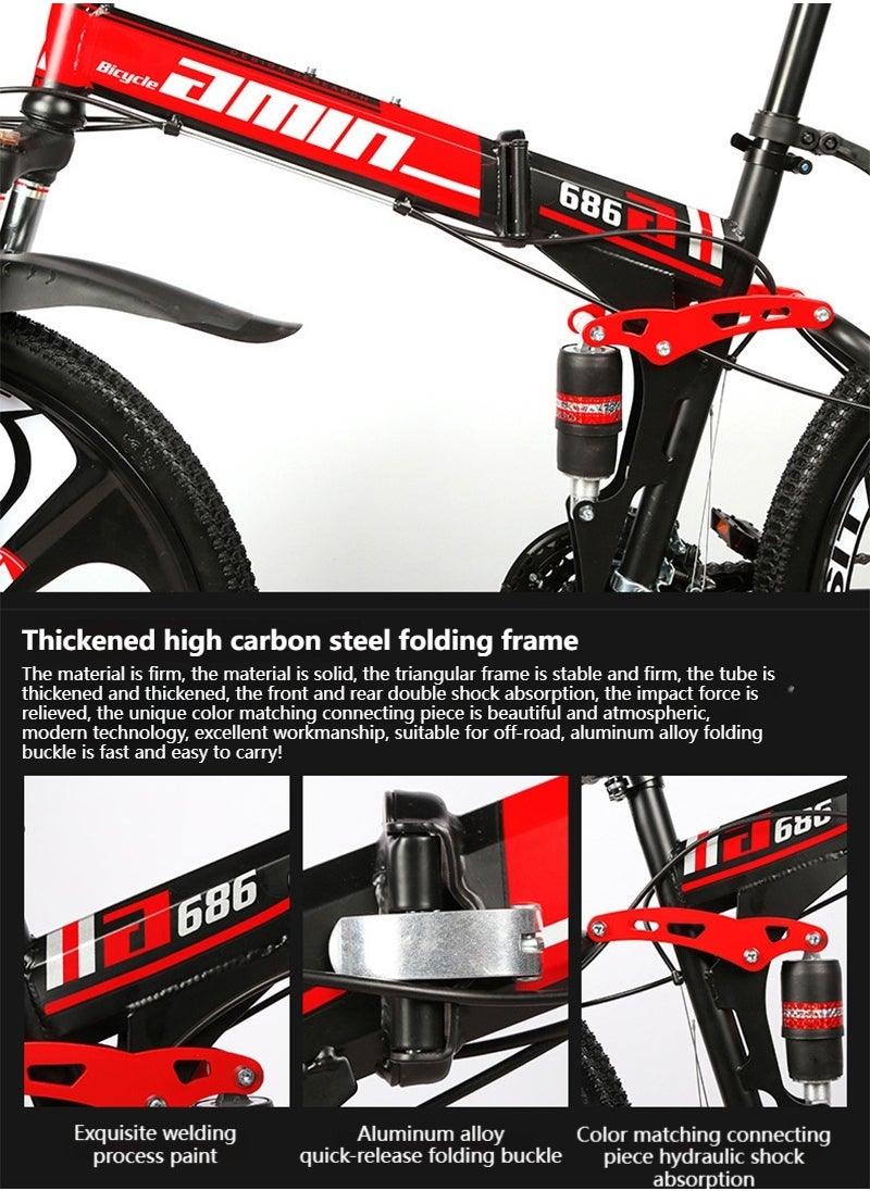 amin 26 Inch Folding Mountain Bike, 24 Speed Full Suspension High-Carbon Steel Foldable Bicycle, Dual Disc Brake Non-Slip Folding Bikes for Adults/Men/Women，Shock Absorption, 6-Blade Wheel  - Image 5