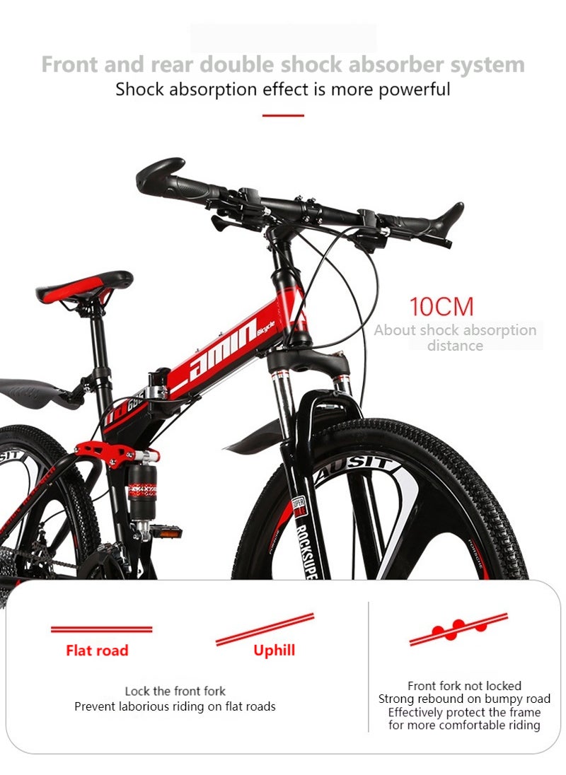 amin 26 Inch Folding Mountain Bike, 24 Speed Full Suspension High-Carbon Steel Foldable Bicycle, Dual Disc Brake Non-Slip Folding Bikes for Adults/Men/Women，Shock Absorption, 6-Blade Wheel  - Image 4