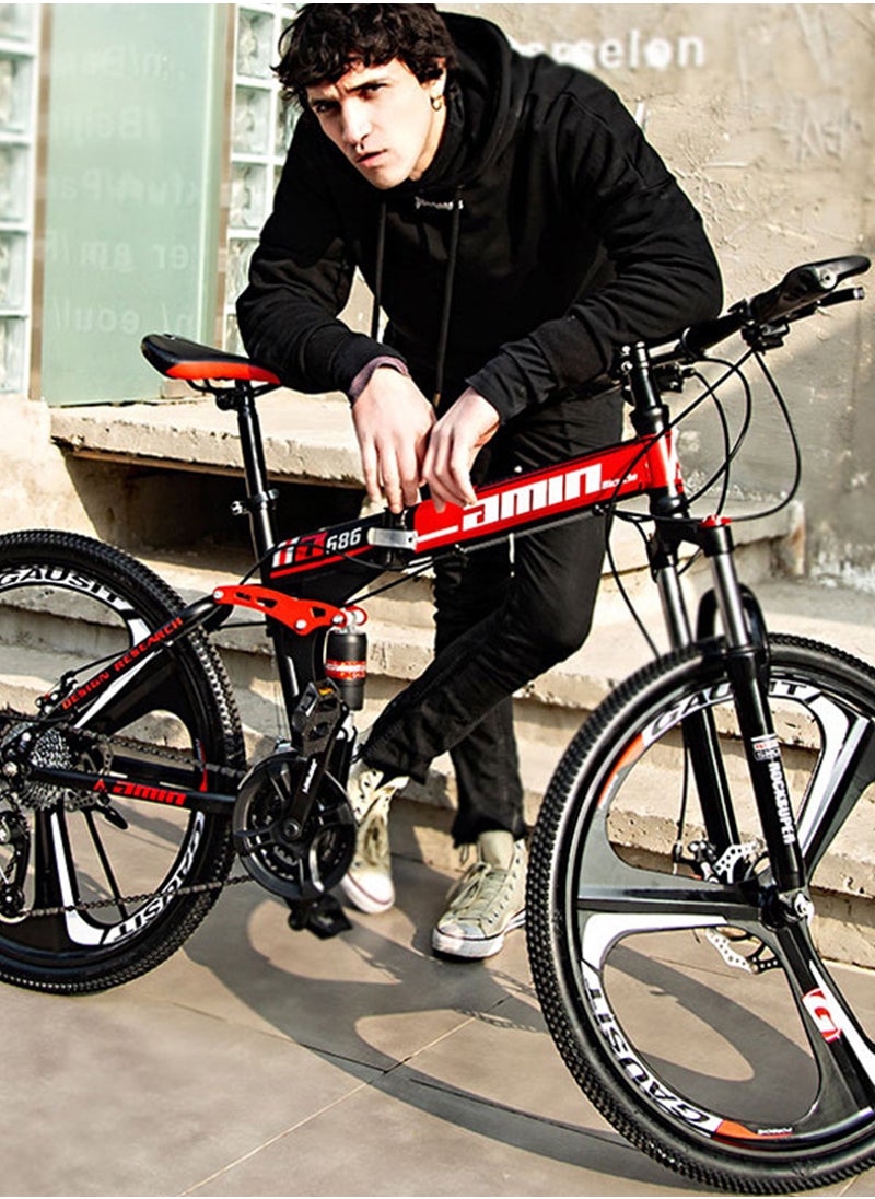 amin 26 Inch Folding Mountain Bike, 24 Speed Full Suspension High-Carbon Steel Foldable Bicycle, Dual Disc Brake Non-Slip Folding Bikes for Adults/Men/Women，Shock Absorption, 6-Blade Wheel  - Image 2