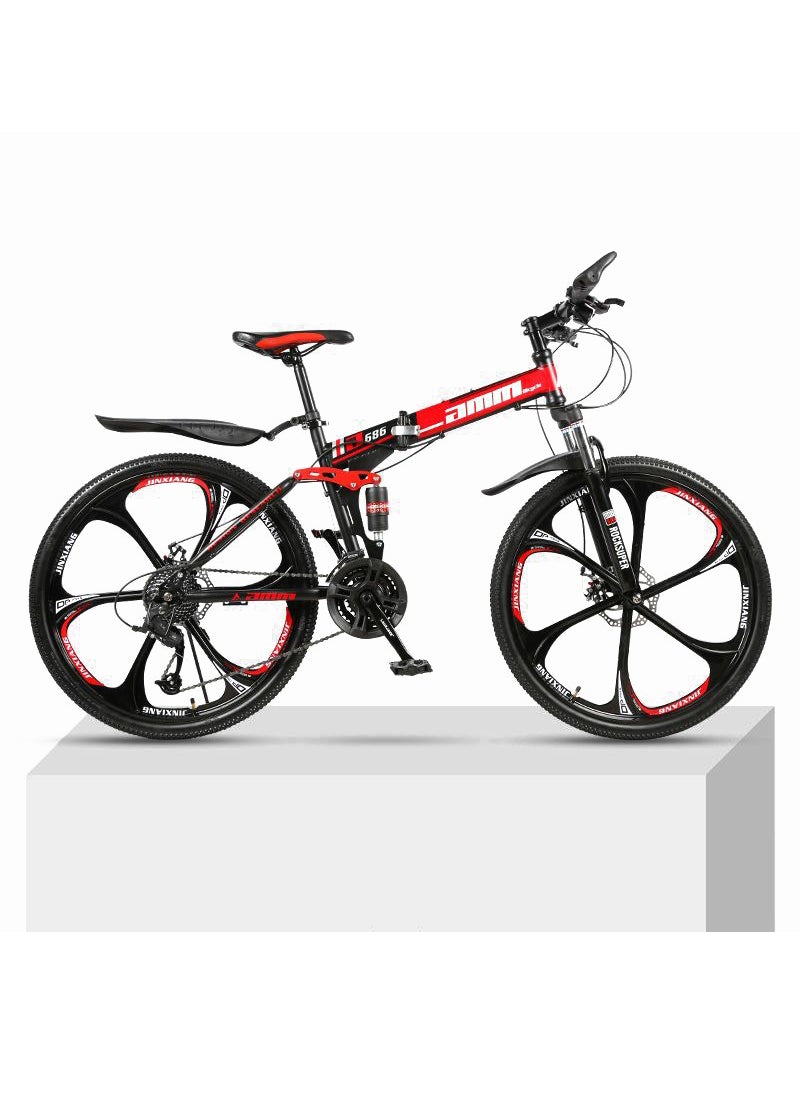 amin 26 Inch Folding Mountain Bike, 24 Speed Full Suspension High-Carbon Steel Foldable Bicycle, Dual Disc Brake Non-Slip Folding Bikes for Adults/Men/Women，Shock Absorption, 6-Blade Wheel  - Image 1