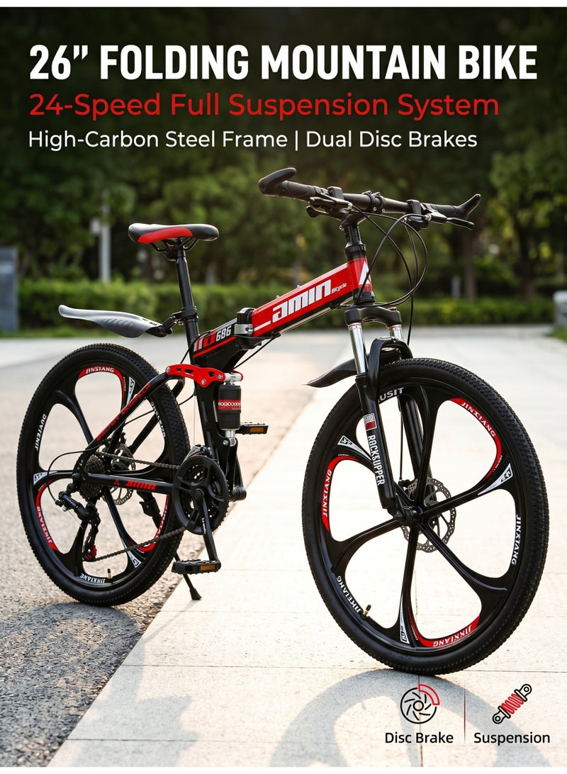amin 26 Inch Folding Mountain Bike, 24 Speed Full Suspension High-Carbon Steel Foldable Bicycle, Dual Disc Brake Non-Slip Folding Bikes for Adults/Men/Women，Shock Absorption, 6-Blade Wheel - Image 1