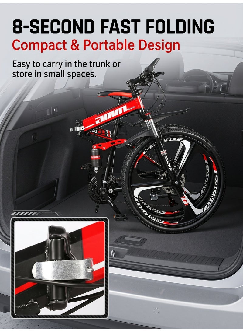 amin 26 Inch Folding Mountain Bike, 24 Speed Full Suspension High-Carbon Steel Foldable Bicycle, Dual Disc Brake Non-Slip Folding Bikes for Adults/Men/Women，Shock Absorption, 6-Blade Wheel - Image 3