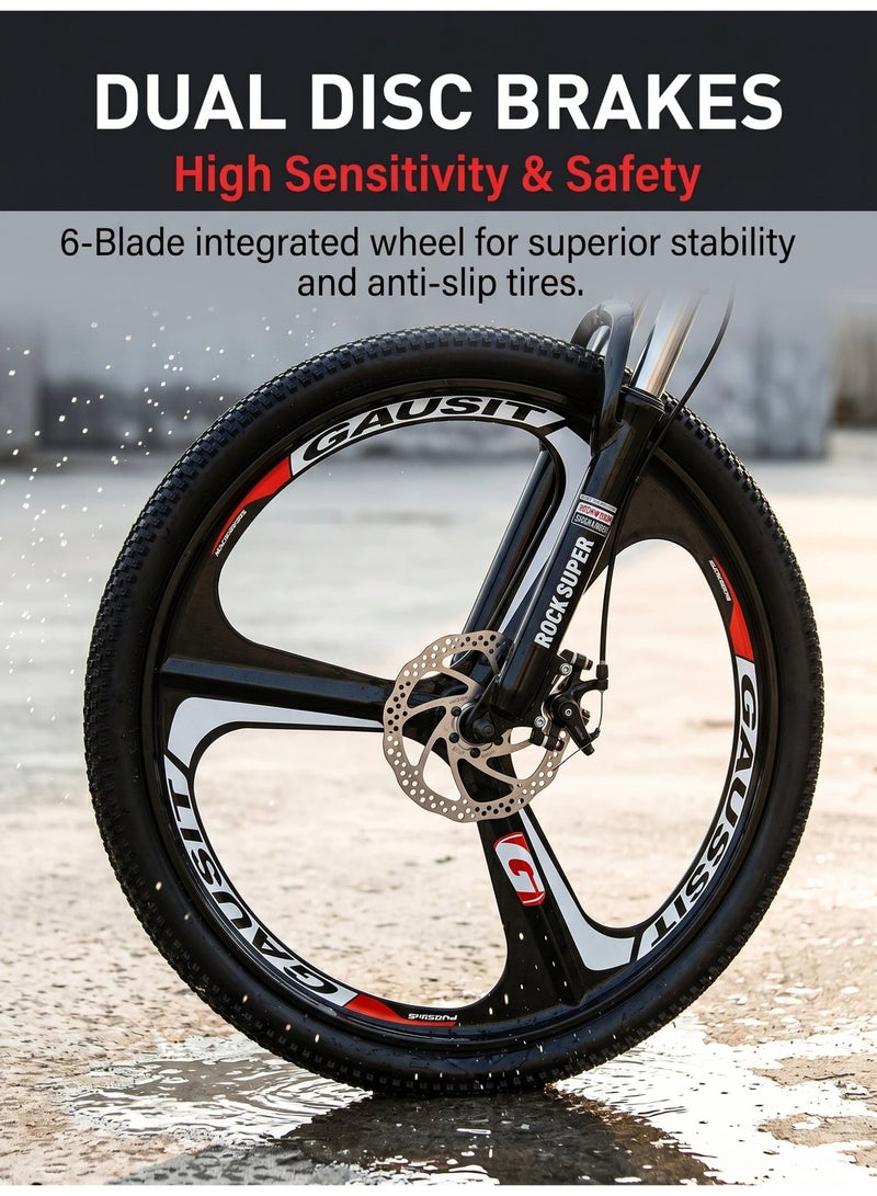 amin 26 Inch Folding Mountain Bike, 24 Speed Full Suspension High-Carbon Steel Foldable Bicycle, Dual Disc Brake Non-Slip Folding Bikes for Adults/Men/Women，Shock Absorption, 6-Blade Wheel - Image 5