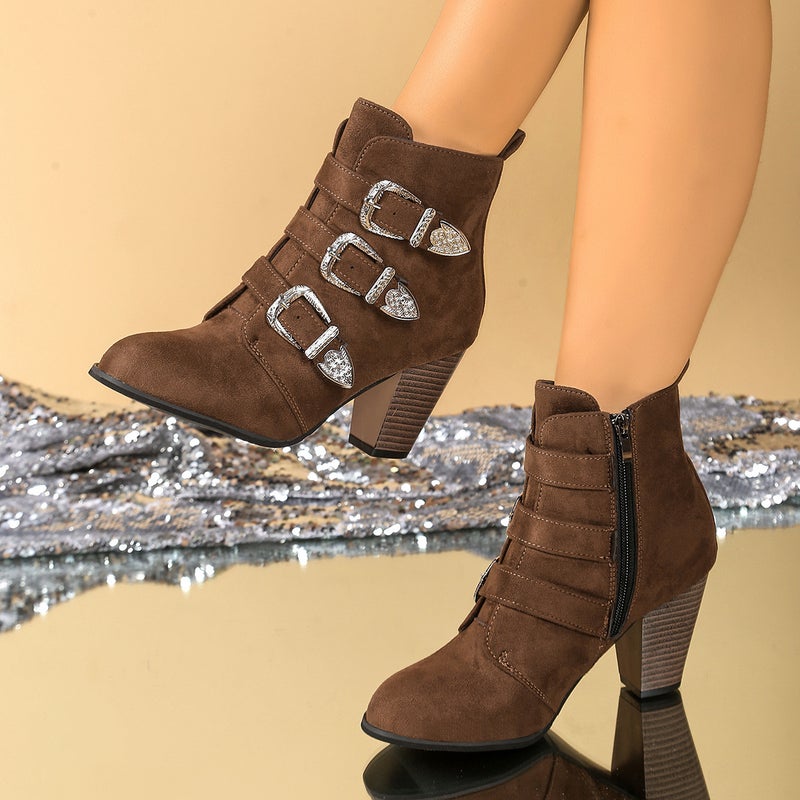 Pointed Toe Elegant 2025 Style Thick Heel Belt Buckle Retro Stylish Versatile Unique Fashion High Heel Slimming Look Short Boots - Image 4