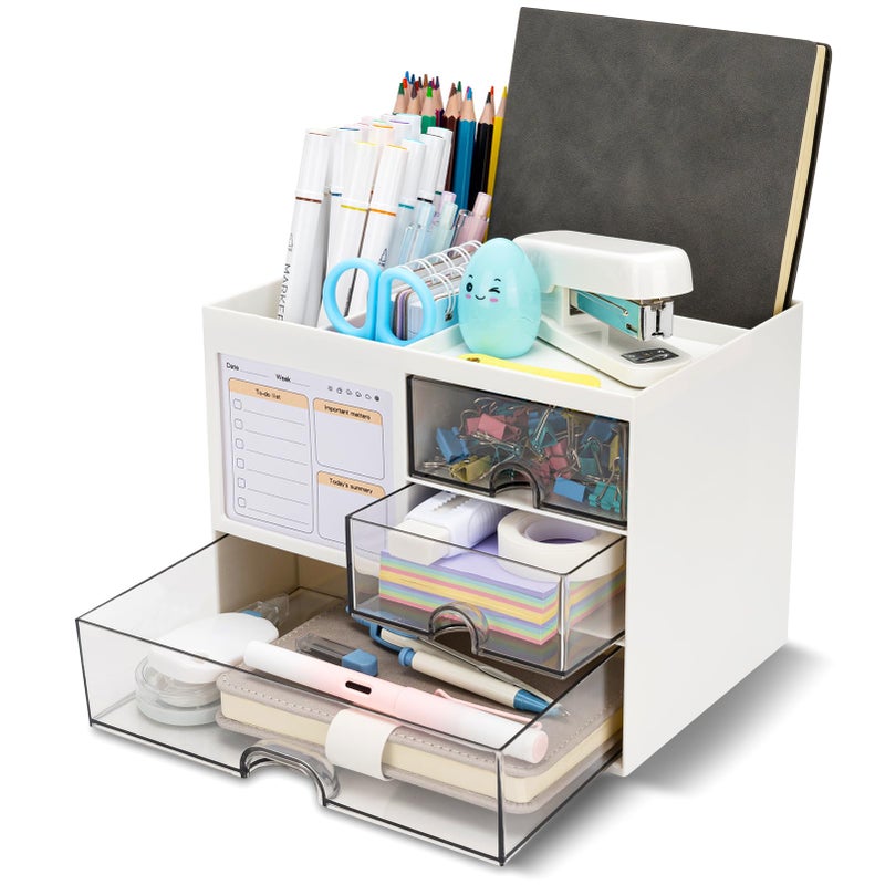 RISEMART Desk Organiser with 3 Drawers, Desk Tidy Organiser with Pen Holder, Large Capacity Desktop Organizer Stationery Storage Box for School Office Home Makeup Desk Supplies (White) - Image 1
