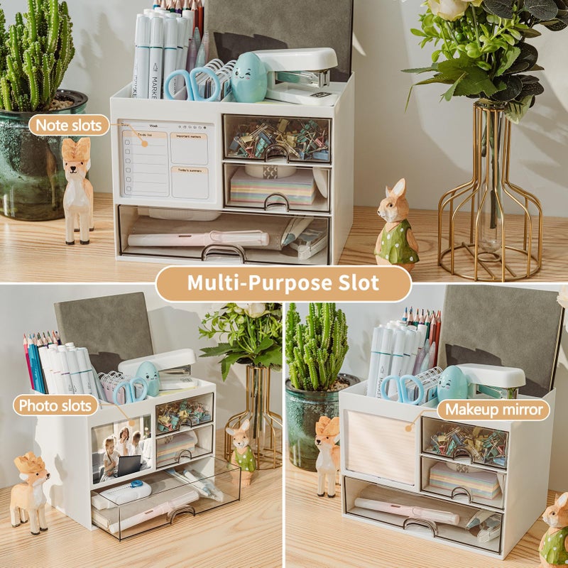 RISEMART Desk Organiser with 3 Drawers, Desk Tidy Organiser with Pen Holder, Large Capacity Desktop Organizer Stationery Storage Box for School Office Home Makeup Desk Supplies (White) - Image 4