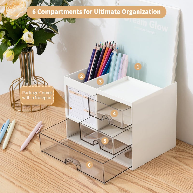 RISEMART Desk Organiser with 3 Drawers, Desk Tidy Organiser with Pen Holder, Large Capacity Desktop Organizer Stationery Storage Box for School Office Home Makeup Desk Supplies (White) - Image 5