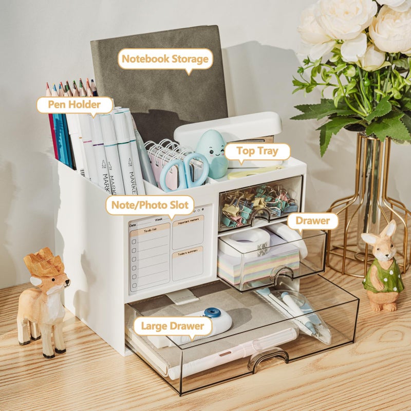 RISEMART Desk Organiser with 3 Drawers, Desk Tidy Organiser with Pen Holder, Large Capacity Desktop Organizer Stationery Storage Box for School Office Home Makeup Desk Supplies (White) - Image 2