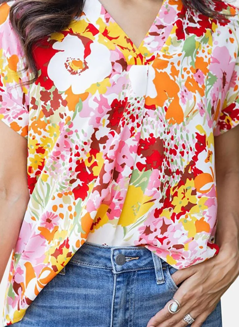 YUNIQEE White Floral Short Sleeve V Neck Tunics