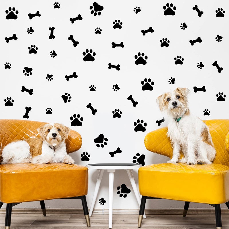 76 Pieces Dog Paw Decal Paw Print Sticker Dog Room Decor for Walls Pup Removable Vinyl Wall Sticker Decoration Animal Footprint for Nursery Bedroom Room Decor Art Mural DIY Black