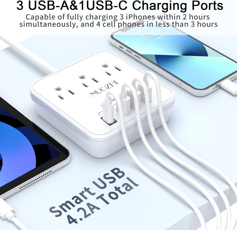 NUOZHI Cruise Essentials,6 Ft Power Strip with 3 Outlets and 4 USB Ports(1 USB C), Non Surge Protector for Cruise Ship, Travel, Home Office, ETL Listed, White - Image 4