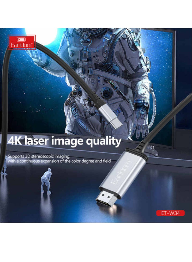 NEW ET-W34 Type-C to HDMI 4K Adapter Cable, 2 Meters - Ultra HD Streaming Solution (Black) - Image 3