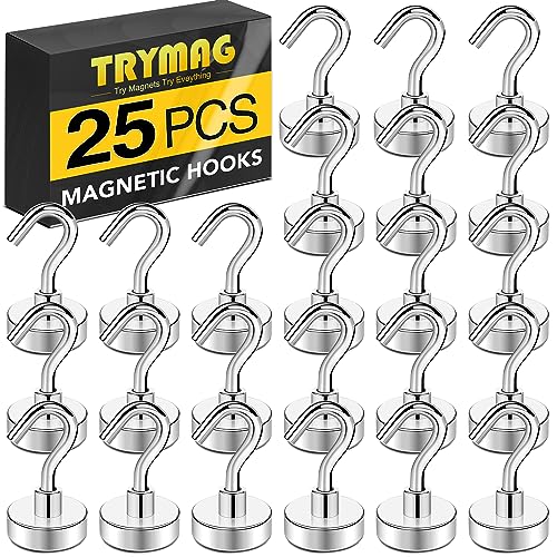 TRYMAG خطافات مغناطيسية TRYMAG قوية التحمل، 30 رطل خطافات مغناطيسية فائقة القوة للتعليق، مغناطيسات نيديميوم الأرض مع خطاف للثلاجات وكابينة الرحلات البحرية، الشواية، مكان العمل - 25 قطعة - Image 1