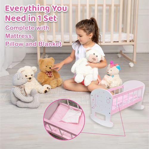 Kiddie Play Doll Crib Wooden Rocking Cradle for Baby Dolls with Mattress Pillow Blanket for 18 Doll - Image 5