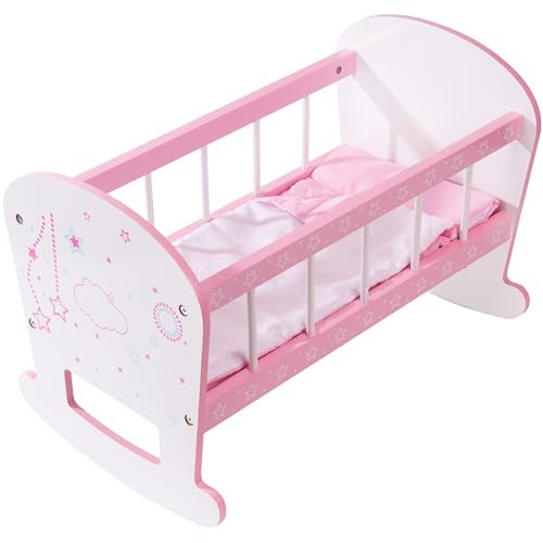 Kiddie Play Doll Crib Wooden Rocking Cradle for Baby Dolls with Mattress Pillow Blanket for 18 Doll - Image 1