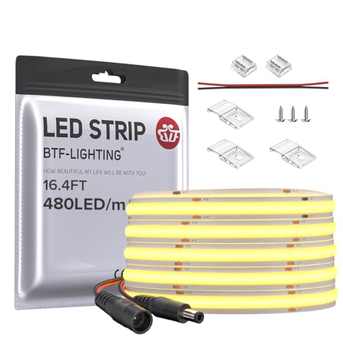 BTF-LIGHTING FCOB COB LED Strip Flexible High Density Uniform Light 9W/m 16.4FT DC24V Warm White 3000K CRI 90+ 8mm Width Dimmable LED Ribbon for Indoor Decoration(No Adapter or Controller) - Image 1