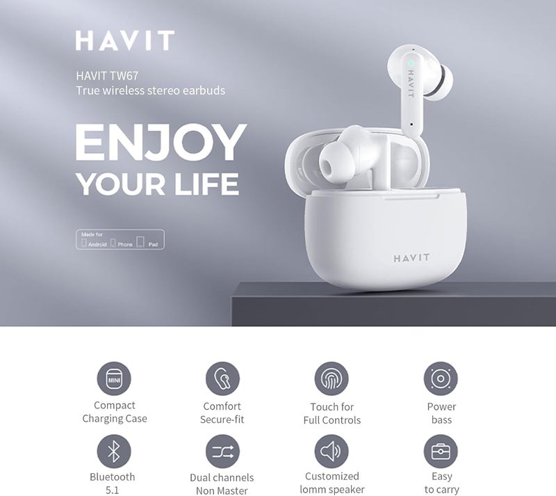 havit Market popular practical build TW967 Wireless Headphones, Noise Reduction Bluetooth 5.1 TWS Earphones with Touch control Super Low Latency, Hi-Fi Bass Boost Driver, 50 H Playtime (Black) Flexible use switching - Image 3