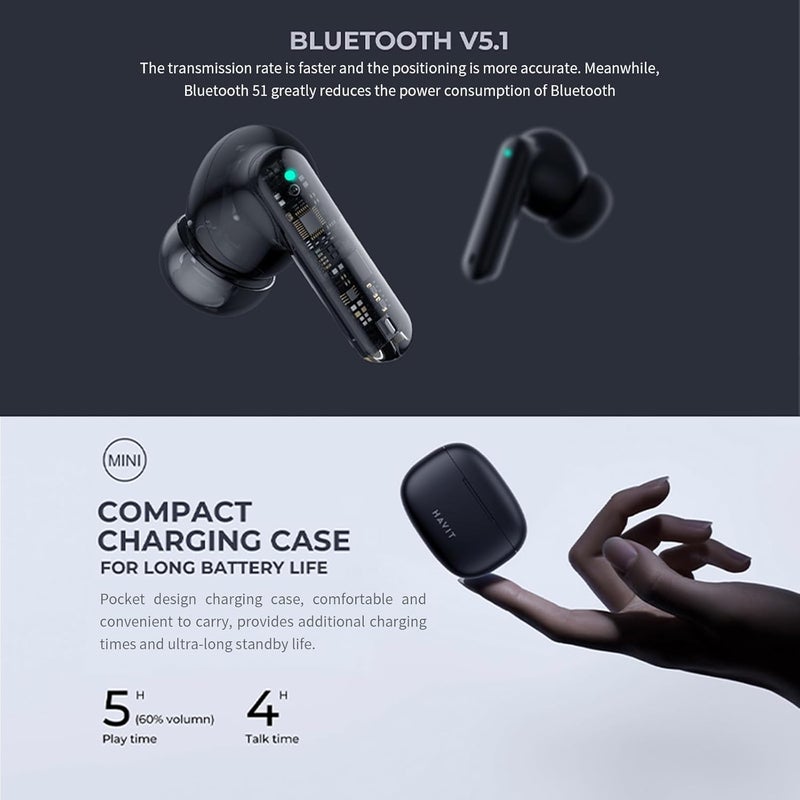havit Market popular practical build TW967 Wireless Headphones, Noise Reduction Bluetooth 5.1 TWS Earphones with Touch control Super Low Latency, Hi-Fi Bass Boost Driver, 50 H Playtime (Black) Flexible use switching - Image 5