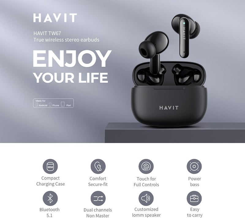 havit Market popular practical build TW967 Wireless Headphones, Noise Reduction Bluetooth 5.1 TWS Earphones with Touch control Super Low Latency, Hi-Fi Bass Boost Driver, 50 H Playtime (Black) Flexible use switching - Image 2