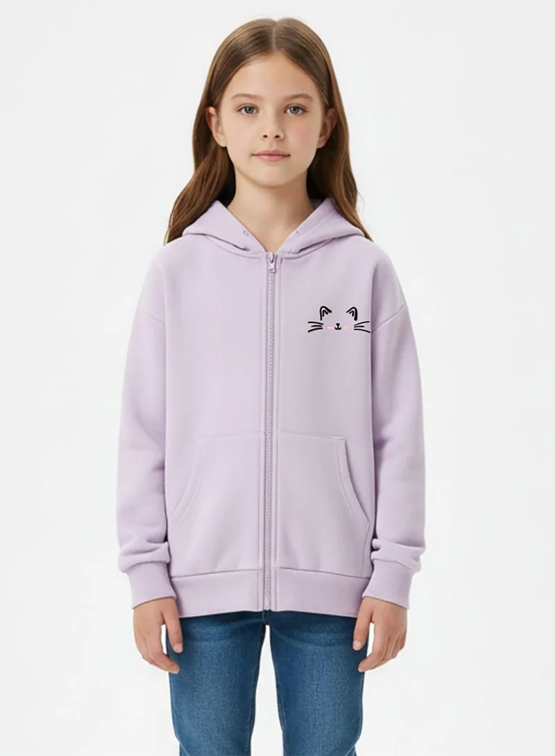 بيبي كلو هودي شتوي بسحاب بتصميم وجه قطة للبنات باللون البنفسجي