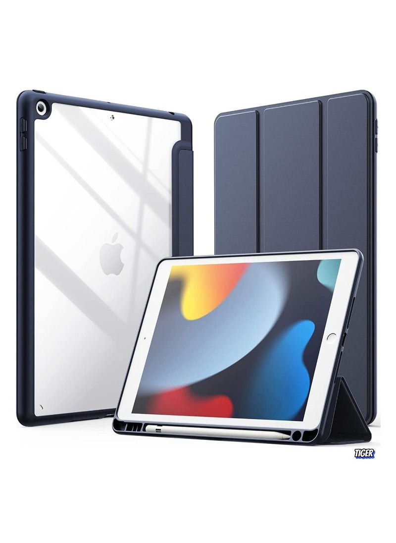 TIGER Case Compatible with iPad 10.2-Inch (9th/8th/7th Generation, 2021/2020/2019) – Slim Shockproof Stand Cover with Pencil Holder, Clear Transparent Back Shell (Navy Blue) - Image 1