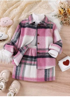 Shein Toddler Girls Plaid Print Coat & Ribbed Knit Tee & Skirt  - Image 1