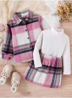Shein Toddler Girls Plaid Print Coat & Ribbed Knit Tee & Skirt  - Image 2