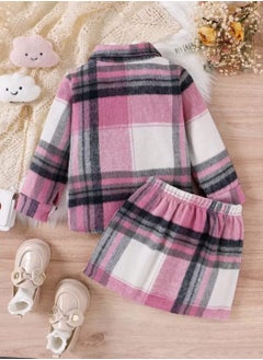 Shein Toddler Girls Plaid Print Coat & Ribbed Knit Tee & Skirt  - Image 3