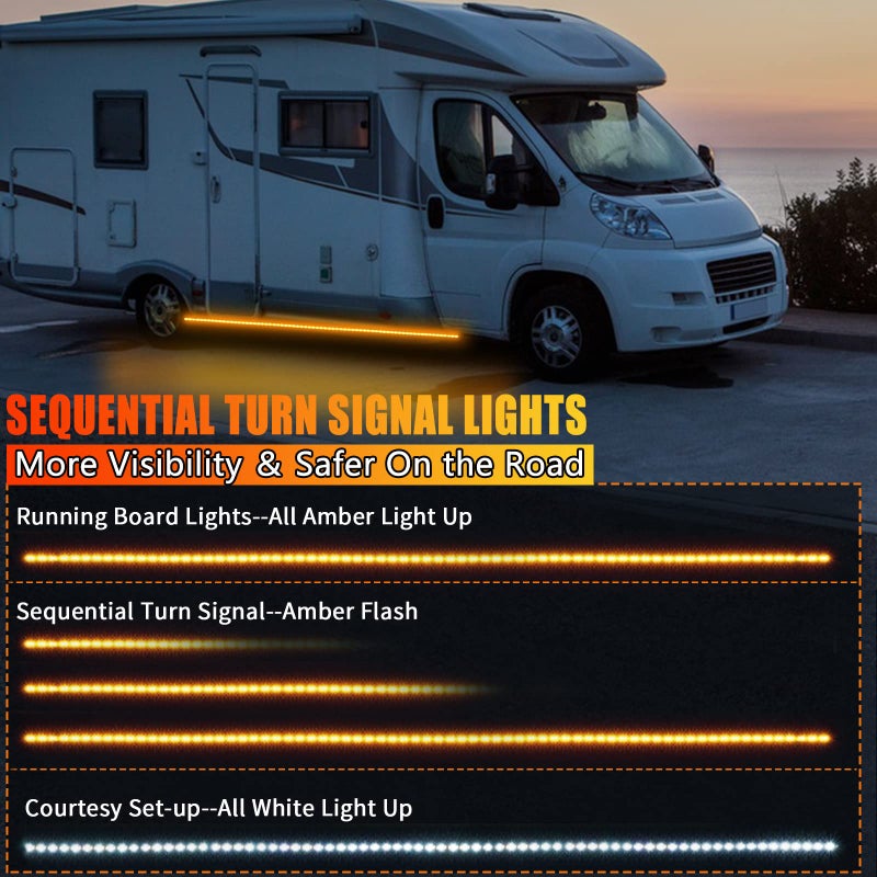 OPL5 2Pcs LED Running Board Lights 10 Feet LED Side Maker Light with 360 LEDs Sequential Amber Turn Signal Lights ＆ White Courtesy Light 12V-14V Emergency LED Lighting Strips Extended Crew Cab RV Trailer - Image 3