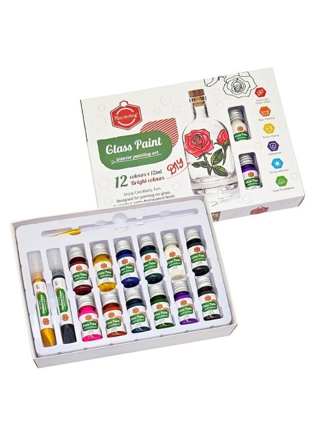 كيب سمايلنج ألوان زجاج للرسم الداخلي – 12 لون ساطع شفاف مع 2 محدد وفرشاة - Image 1
