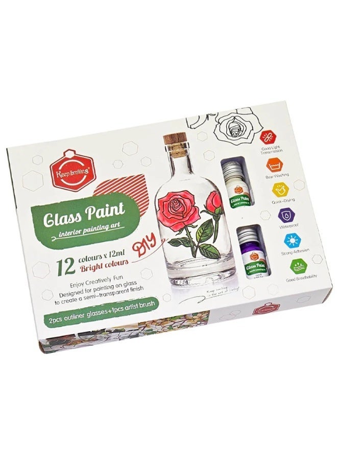 كيب سمايلنج ألوان زجاج للرسم الداخلي – 12 لون ساطع شفاف مع 2 محدد وفرشاة - Image 2