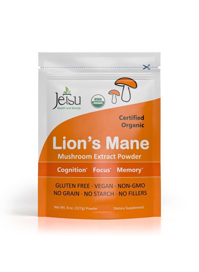 Jetsu Lions Mane Mushroom Powder, Organic, Vegan, Non-GMO Extract Supplement. Nootropic to Support Brain Health, Boost Neuron Growth and Your Immune System for Clarity and Focus. (227g) - Image 1