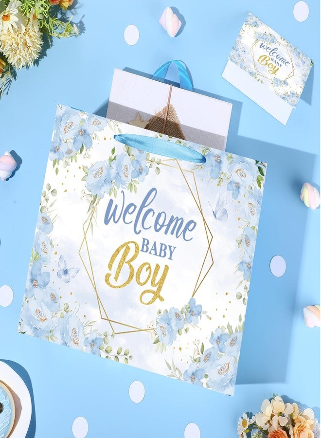 Woosytoo Welcome Baby Boy Gift Bag Blue Floral Wrapping Bag with Greeting Card and Tissue Paper Gender Reveal Baby Boy Treat Candy Bag for Baby Shower Gender Reveal Birthday Party Supplies - Image 5