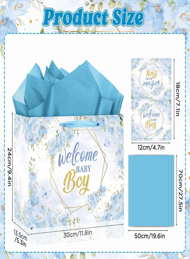 Woosytoo Welcome Baby Boy Gift Bag Blue Floral Wrapping Bag with Greeting Card and Tissue Paper Gender Reveal Baby Boy Treat Candy Bag for Baby Shower Gender Reveal Birthday Party Supplies - Image 2