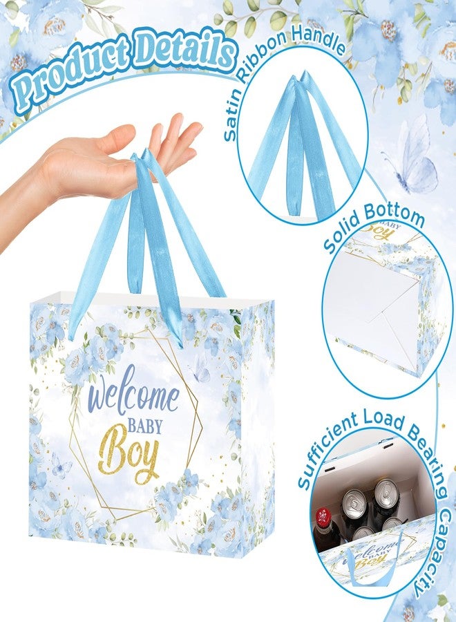 Woosytoo Welcome Baby Boy Gift Bag Blue Floral Wrapping Bag with Greeting Card and Tissue Paper Gender Reveal Baby Boy Treat Candy Bag for Baby Shower Gender Reveal Birthday Party Supplies - Image 4