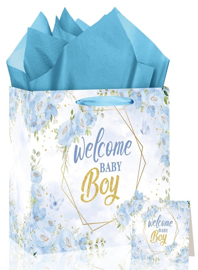 Woosytoo Welcome Baby Boy Gift Bag Blue Floral Wrapping Bag with Greeting Card and Tissue Paper Gender Reveal Baby Boy Treat Candy Bag for Baby Shower Gender Reveal Birthday Party Supplies - Image 1