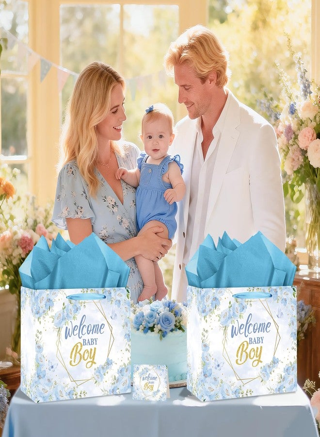 Woosytoo Welcome Baby Boy Gift Bag Blue Floral Wrapping Bag with Greeting Card and Tissue Paper Gender Reveal Baby Boy Treat Candy Bag for Baby Shower Gender Reveal Birthday Party Supplies - Image 3