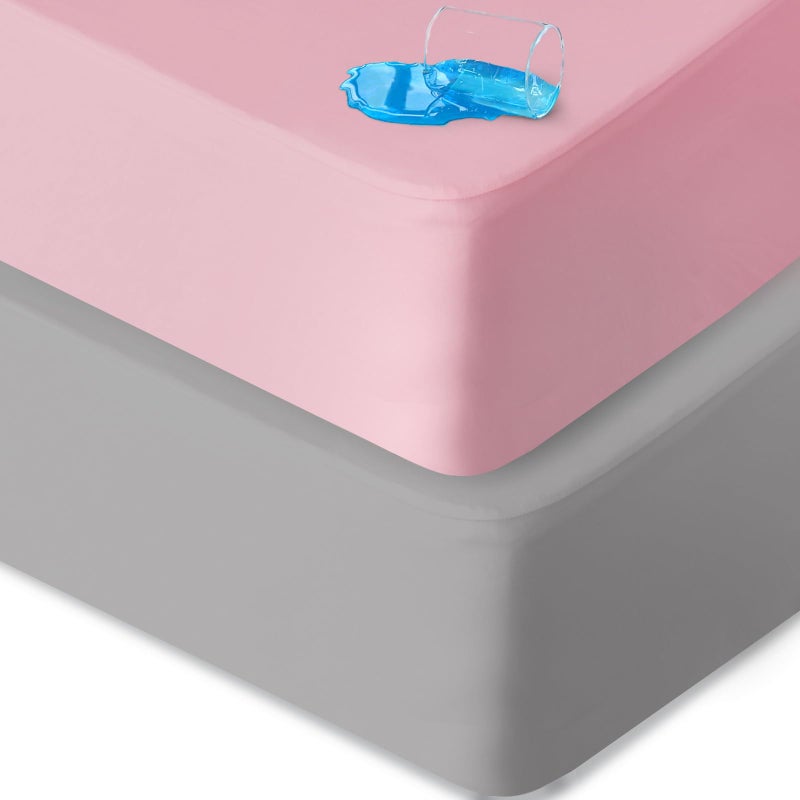 Biloban Crib Sheets Waterproof 2 Pack, Crib Mattress Protector, Toddler Fitted Crib Sheet Neutral, Ultra Soft & Breathable Toddler Bed Sheets for Boys and Girls, Grey & Pink - Image 1