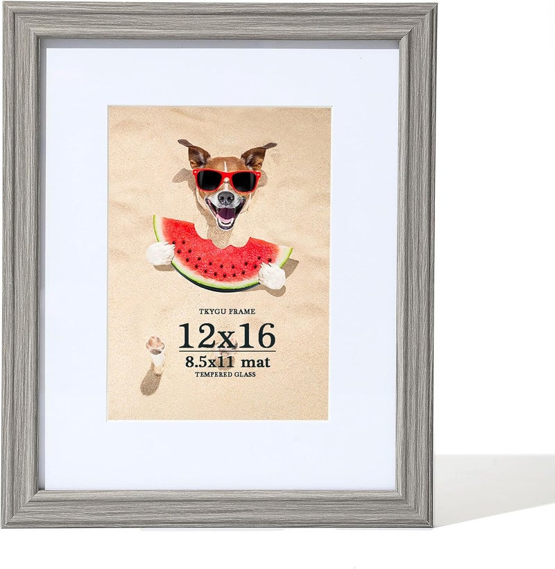 TKYGU 12x16 Picture Frame Grey Woodgrain 16 x 12 frames for Wall with Real Glass, 8.5x11 Frame Picture with Mat or 12x16 without Mat, Rustic Wooden frame 12"x16" Art frames Perfect for Gifts - Image 1