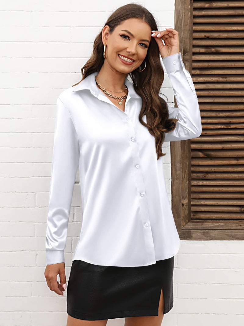 CUNLIN Women's Satin Silk White Button-Down Shirt - Size L - Sexy Oxford Collar, Long Sleeve, Fitted, Flowy Tunic, Casual Blouse - Image 3