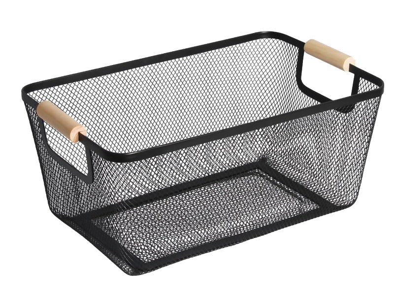 AJIODA Metal Mesh Steel Basket Large Wire Storage Organizer Basket Multifunction Hanging Kitchen Baskets with Wood Handle for Kitchen Bathroom Picnic Home RectangleBlack