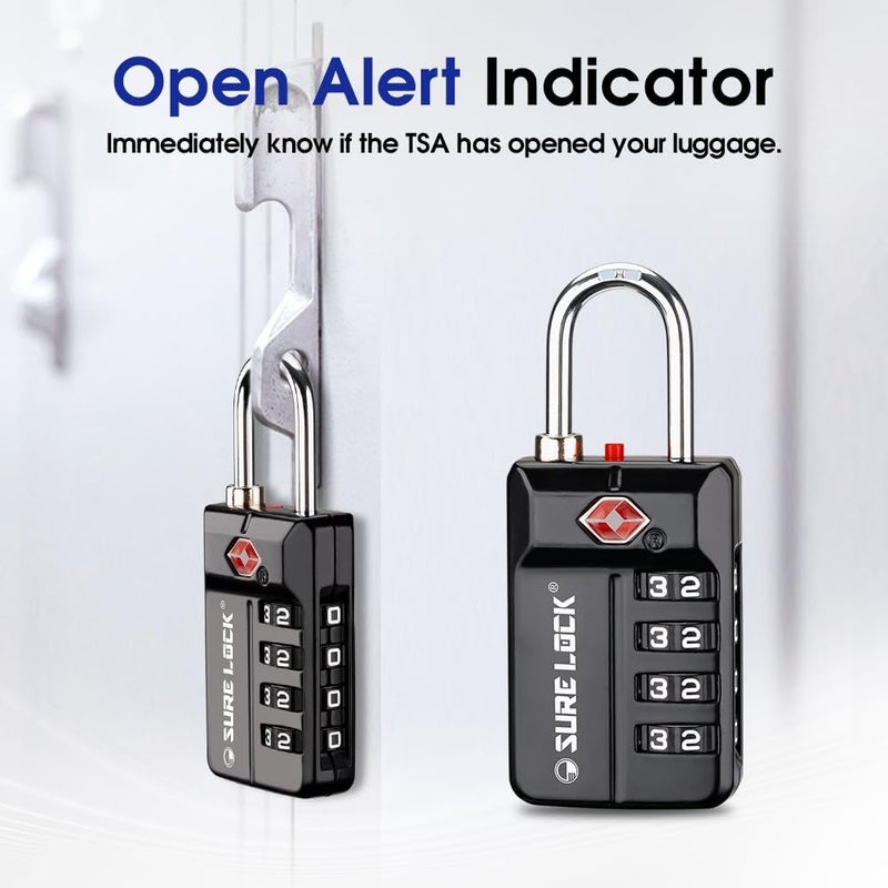 SURE LOCK TSA Approved 4-Digit Resettable Combination Luggage Lock with Open Alert, Easy-Read Dials - for Luggage, School Lockers, Gym, Office, Toolbox & Security Cases (Black 1 Pack) - Image 2