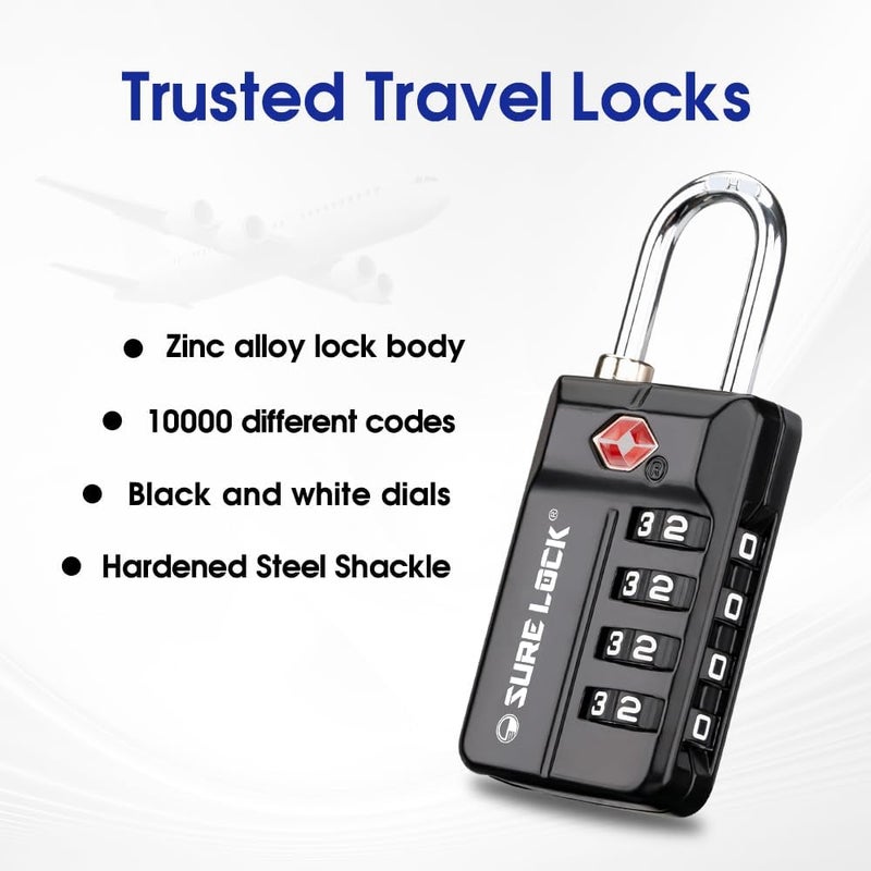 SURE LOCK TSA Approved 4-Digit Resettable Combination Luggage Lock with Open Alert, Easy-Read Dials - for Luggage, School Lockers, Gym, Office, Toolbox & Security Cases (Black 1 Pack) - Image 4