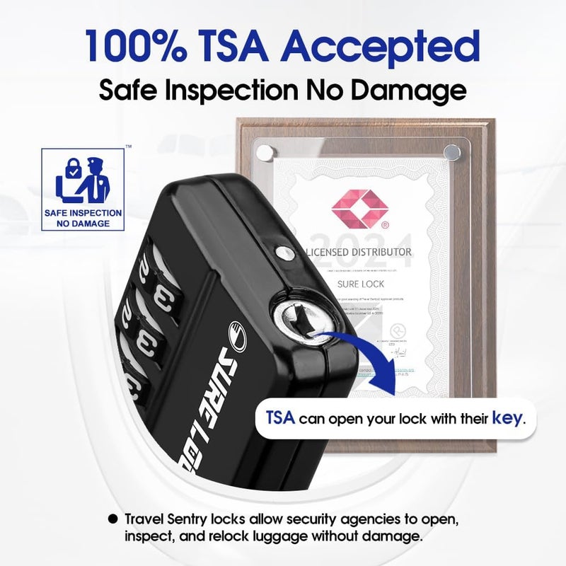 SURE LOCK TSA Approved 4-Digit Resettable Combination Luggage Lock with Open Alert, Easy-Read Dials - for Luggage, School Lockers, Gym, Office, Toolbox & Security Cases (Black 1 Pack) - Image 1