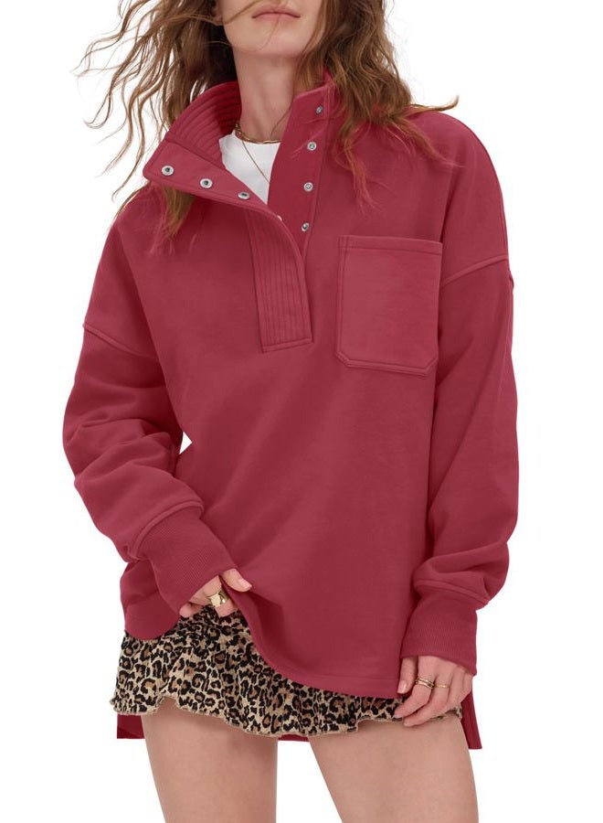 Locachy Womens Casual Oversized Sweatshirt Long Sleeve Button Henley Neck Pullover Tops Fashion Outfits Clothes, Burgundy, XL - Image 1