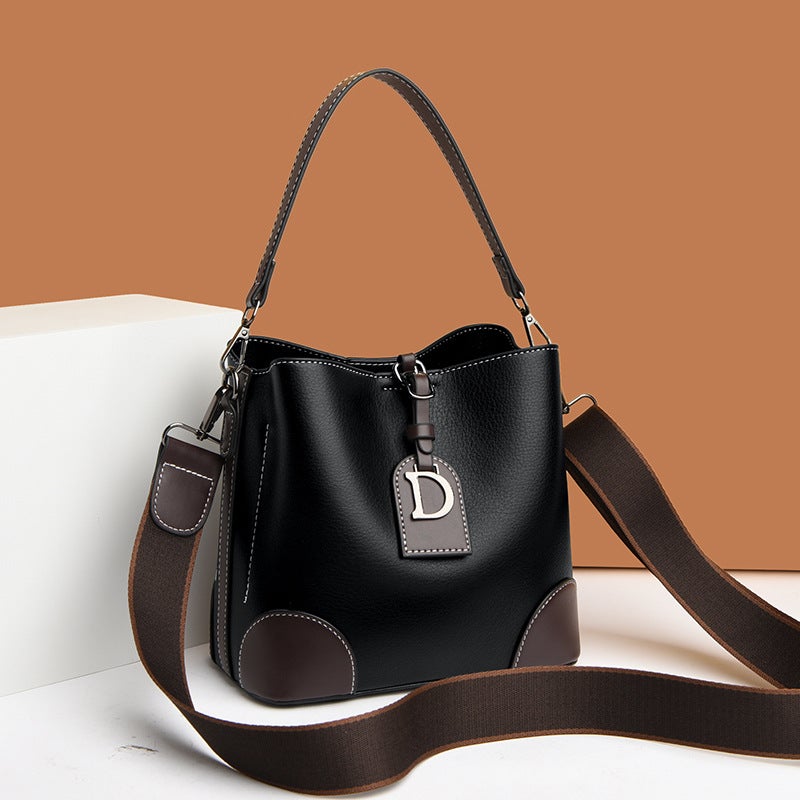 Retro Handbag Large Capacity Shoulder Crossbody Bag Wide Shoulder Strap Underarm Bag Stylish Color-Blocking Bucket Bag - Image 3