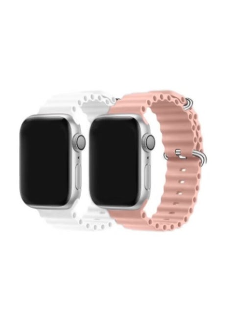2Pack for Apple Watch Ocean Band 49mm 45mm 44mm 42mm Soft Silicone Loop Strap for iphone Watch Series For 1/2/3/4/5/6/SE/7/8 Ultra White/Pink