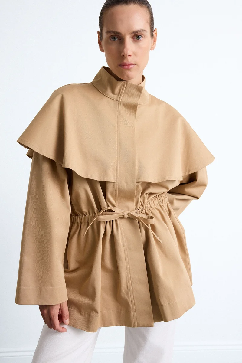 Regular Fit 100% Cotton Cape-Detail Jacket with Ruched Waist