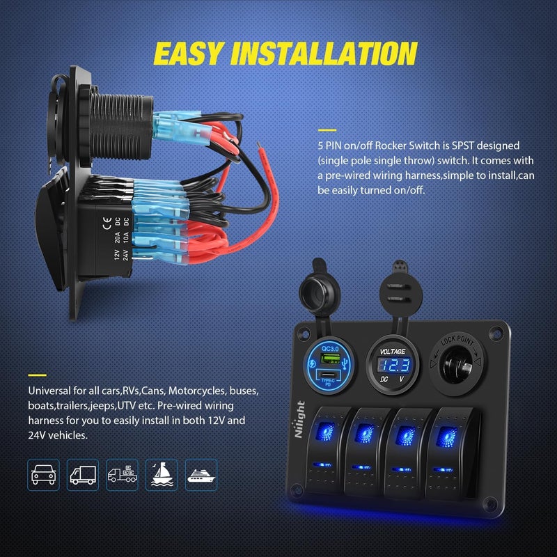 Nilight 4 Gang Rocker Switch Panel Waterproof Pre-Wired Aluminum with PD Type C and USB Cigarette Lighter Socket Voltmeter 12V 24V ON Off for Car Trucks Boats RVs - Image 3